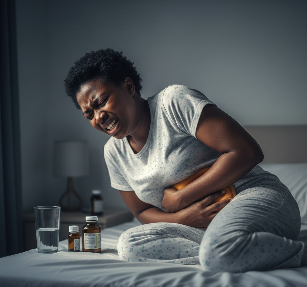 Nigerian woman experiencing fibroid pain